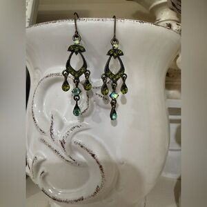 Antique Silver Tone and Faux Peridot Chandelier Earrings